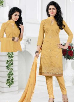Stylish Yellow Chanderi Silk Party Wear Churidar Suit