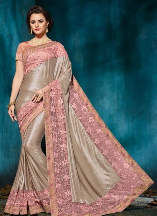 Elegant Pink And Gold Designer Net With Jacquard Party Wear Saree
