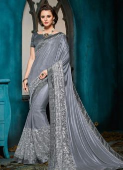 Exquisite Grey Net And Jacquard Party Wear Designer Saree