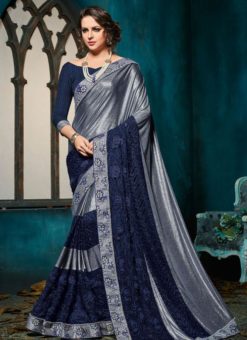 Glorious Grey And Navy Blue Net With Jacquard Designer Party Wear Saree