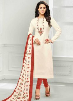 Charming Cream Party Wear Chanderi Cotton Straight Salwar Suit
