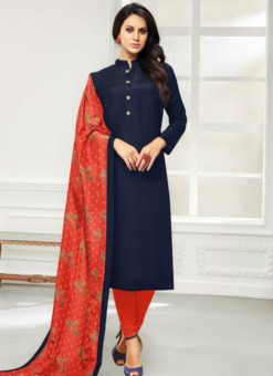 Spectacular Navy Blue Party Wear Chanderi Cotton Straight Salwar Suit