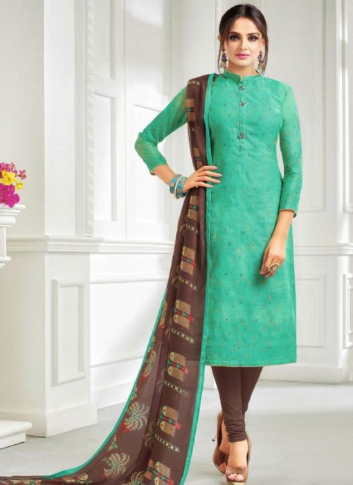 Stunning Green Chanderi Cotton Party Wear Straight Salwar Suit