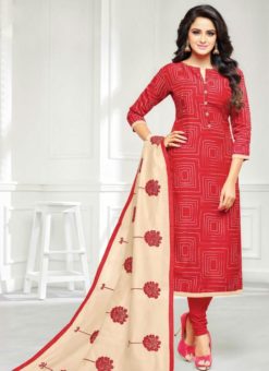 Ravishing Red Party Wear Chanderi Cotton Straight Salwar Suit