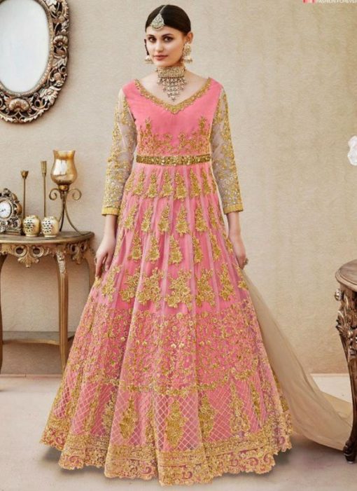 Elegant Pink Net Designer Wedding Wear Salwar Kameez