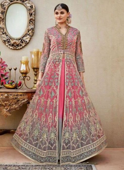 Amazing Grey And Pink Net Designer Party Wear Salwar Kameez