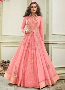 Elegant Pink Georgette Designer Embroidered Work Anarkali Salwar Kameez