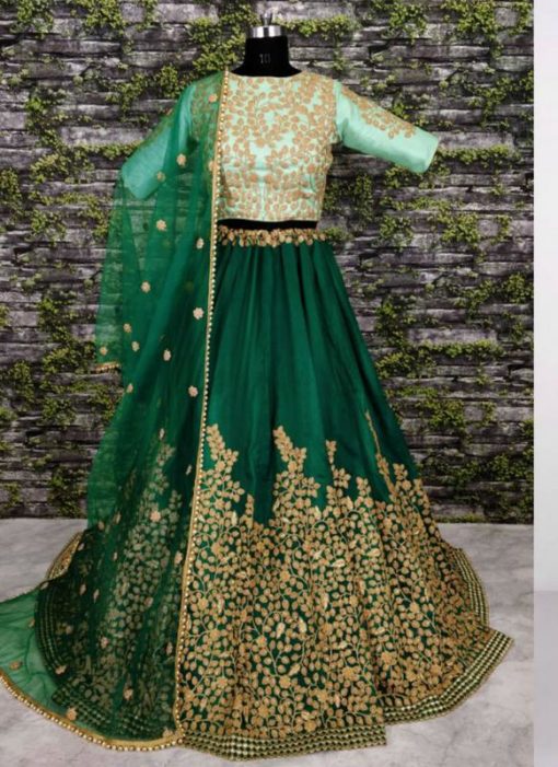 Wedding Embroidery Green Pure silk Designer Lehenga