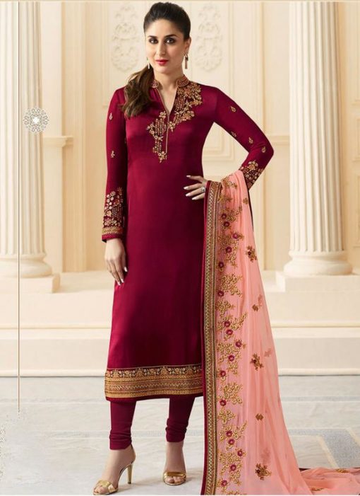 Satin Silk Party Wear Kareena Kapoor Churidar Suit