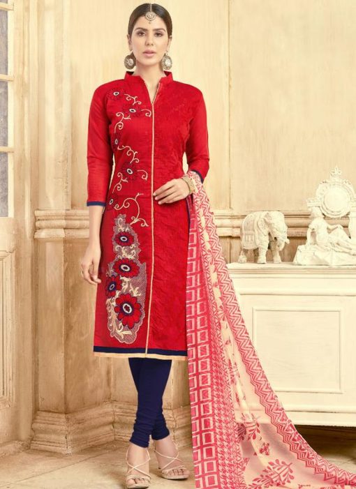 Opulent Red Chandri Silk Party Wear Churidar Salwar Suit