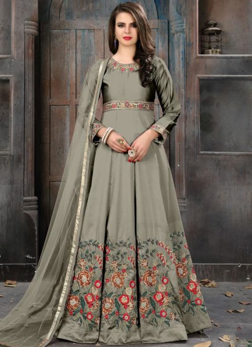 Beautiful Grey Silk Party Wear Designer Anarkali Salwar Kameez