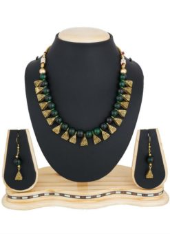 Beautified With Dark Green Colored Motis Necklace Set