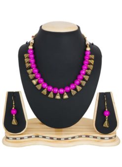 Beautified With Pink Colored Motis Necklace Set