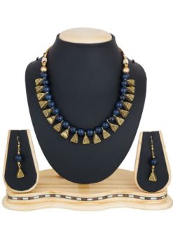 Beautified With Navy Blue Colored Moti Necklace Set