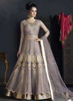 Graceful Grey Net Designer Party Wear Floor Length Salwar Kameez
