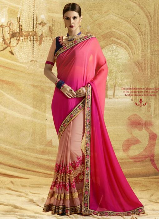 Astounding Peach And Pink Designer Wedding Wear Half N Half Saree