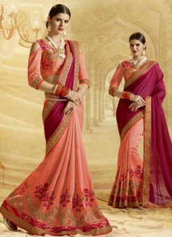 Magnificent Pink And Peach Wedding Wear Designer Half N Half Saree