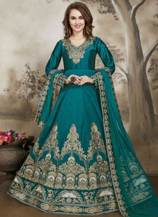 Appealing Turquoise Art Silk Designer Embroidered Work Anarkali Salwar Suit