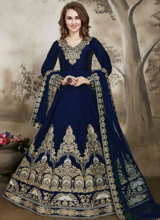 Attractive Navy Blue Art Silk Embroidered Work Designer Anarkali Salwar Suit