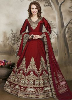 Elegant Red Art Silk Designer Embroidered Work Anarkali Salwar Suit