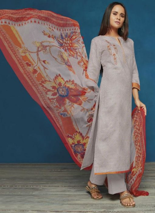 Lovely Grey Satin Jacquard Printed Casual Wear Palazzo Suit