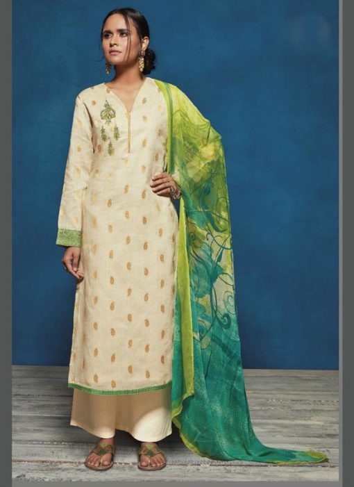 Appealing Cream Satin Jacquard Printed Casual Wear Palazzo Suit