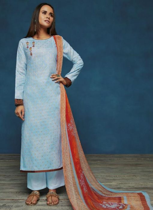 Captivating Blue Satin Jacquard Printed Casual Wear Palazzo Suit