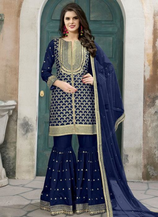 Beautiful Blue Art Silk Embroidered Word Designer Palazzo Suit