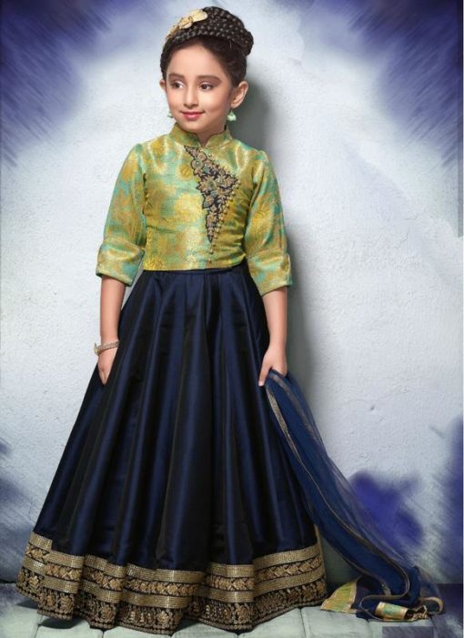 Splendid Green And Blue Jacquard Silk Designer Kids Wear