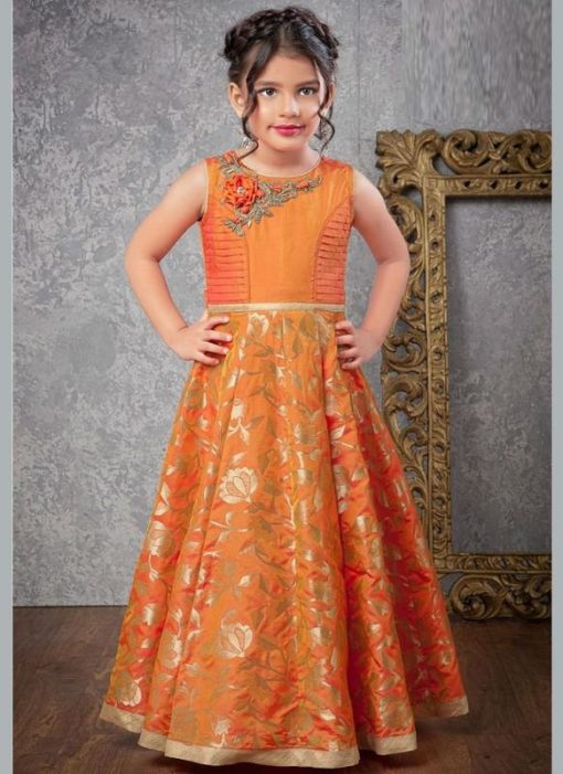 Magnificent Orange Art Silk Designer Kids Wear Gown