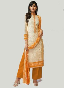 wonderful Cream Cotton Printed Party Wear Salwar Suit