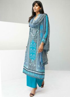 resplendent Grey Cotton Printed Party Wear Salwar Suit
