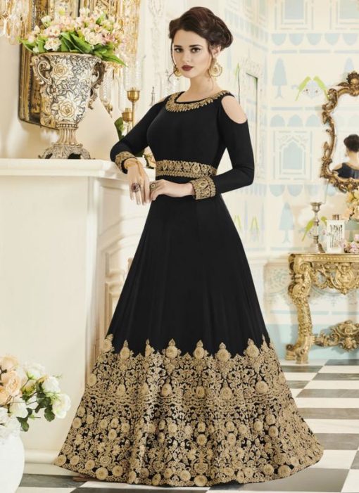 Elegant Black Embroidered Work Georgette Party Wear Anarkali Suit