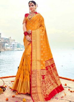 Cheerful Orange Banarasi Silk Wedding Wear Saree