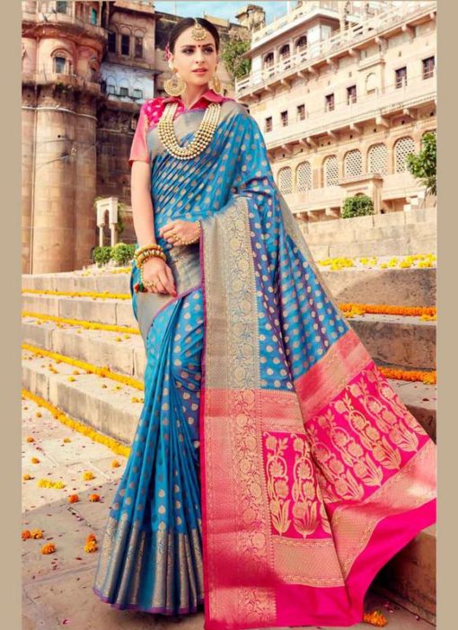 Gorgeous Blue Banarasi Silk Wedding Wear Saree
