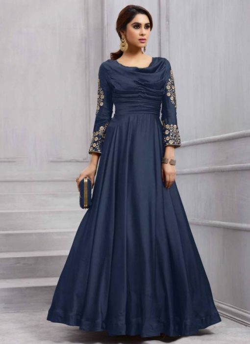 Exquisite Navy Blue Silk Designer Salwar Kameez