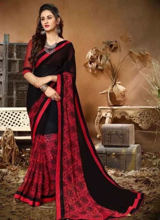 Attractive Black And Red Georgette Printed Casual Saree