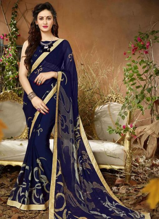 Amazing Navy Blue Georgette Printed Casual Saree