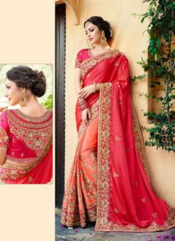 Elegant Peach Satin Silk Designer Wedding Saree