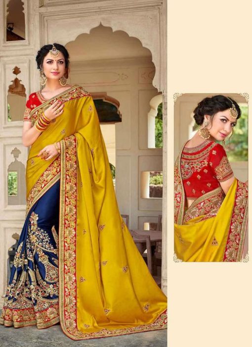 Lovely Mustard And Blue Satin Silk Wedding Designer Saree