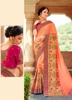 Alluring Peach Silk Chiffon Designer Wedding Wear Saree