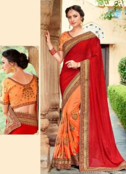 Charming Red And Orange Georgette Half N Half Designer Wedding Saree