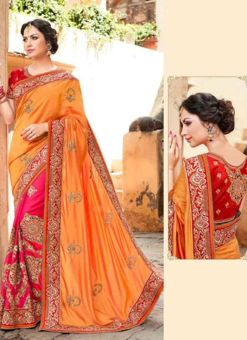 Splendid Orange And Pink Satin Silk Designer Half N Half Wedding Saree