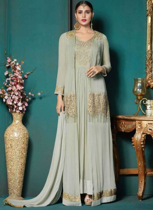 captivating Grey Georgette Embroidered Work Anarkali Salwar Suit
