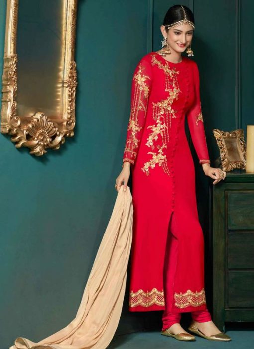 Elegant Red Georgette Designer Embroidered Work Churidar Suit