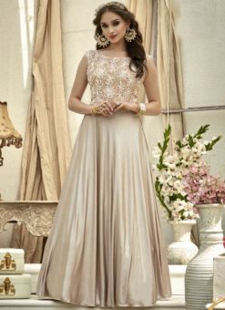 Charming Beige Net And Satin Designer Party Wear Gown