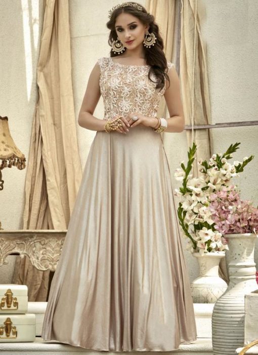 Charming Beige Net And Satin Designer Party Wear Gown