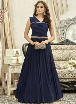 Splendid Navy Blue Cotton Satin Designer Party Wear Gown
