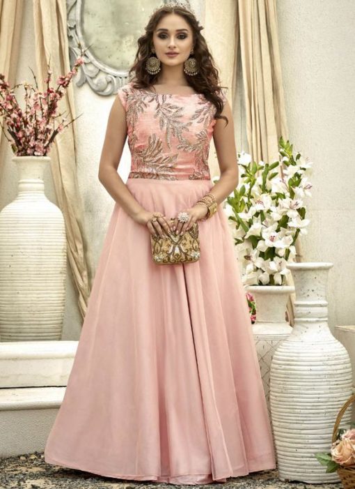 Lovely Pink Satin Georgette Party Wear Designer Gown