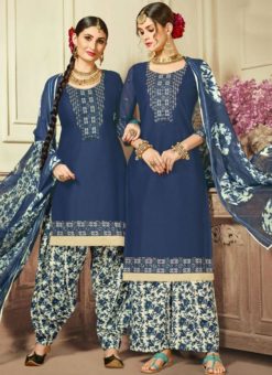 Sparkling Blue Cotton Satin Casual Wear Salwar Kameez